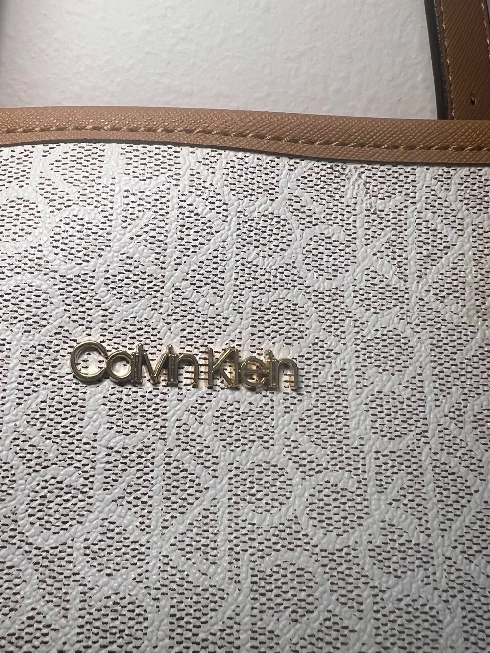 Calvin Klein Cream Monogram Tote with Tan Trim